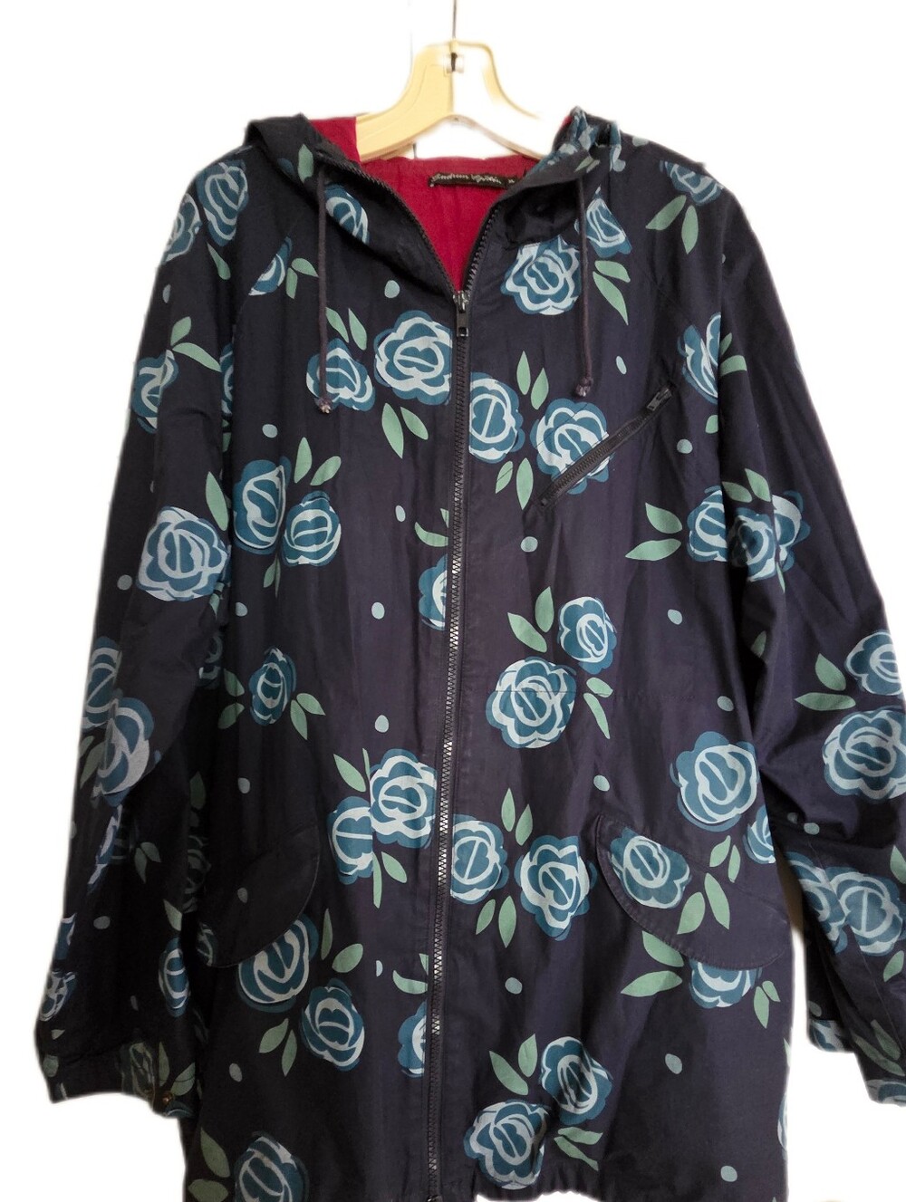 Gudrun Sjoden Navy Hooded Floral Raincoat Quiet Luxury Fall Size XL